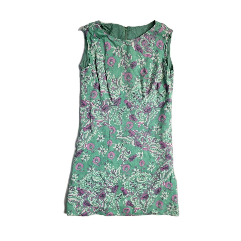Vintage Women's Dress Green Pink Floral  Adele Simpson 14-16 Y2K